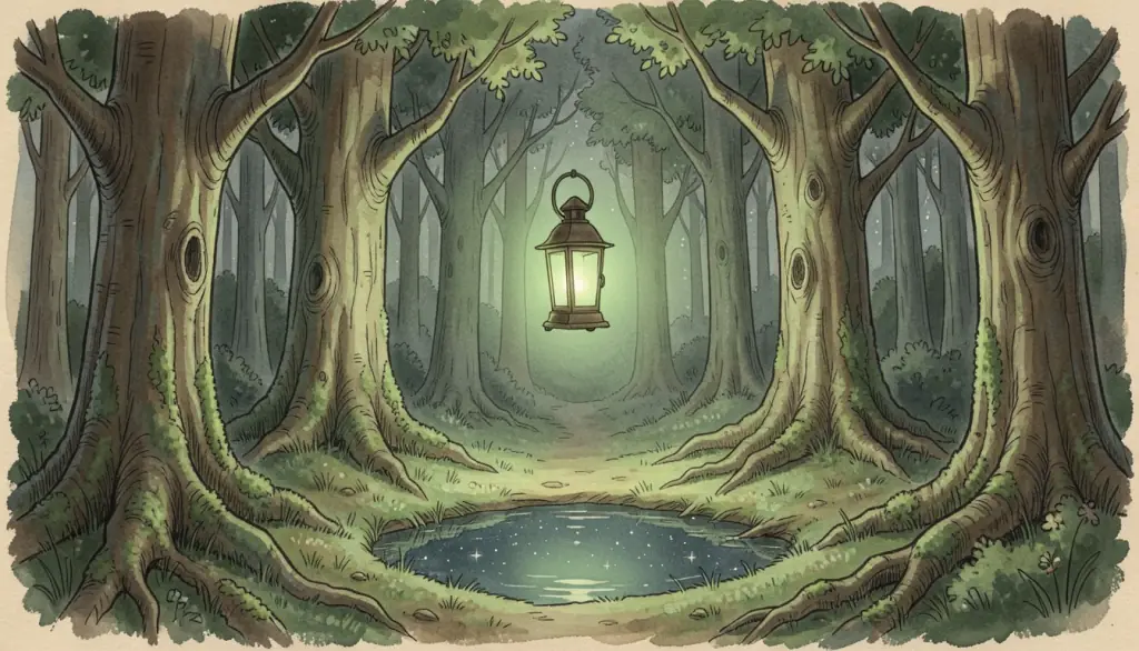 A glowing lantern among ancient beech trees at night.