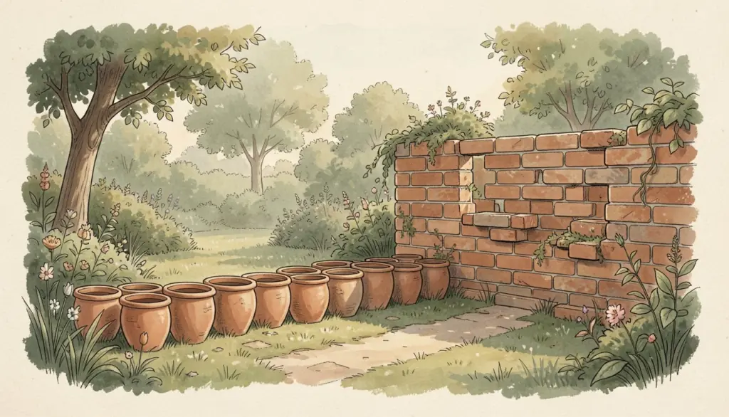 Clay cups beside a mismatched half-built brick wall in a garden.