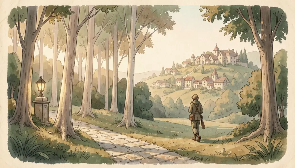 A forest glade with a path and a traveler walking toward a village.