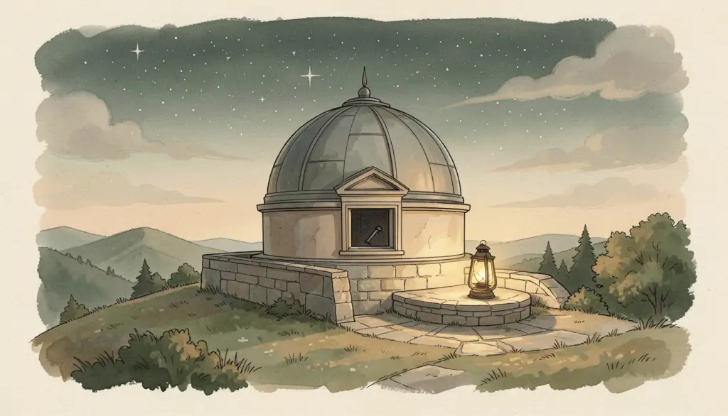 A hilltop dome with an open window on a starry sky.