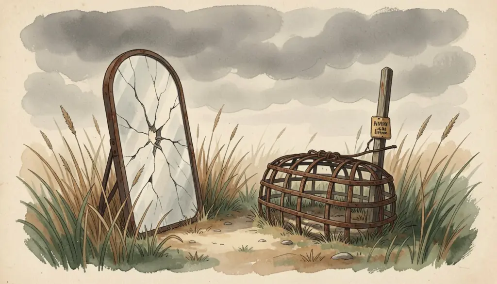 A cracked mirror and rusted trap hidden in dry grass.