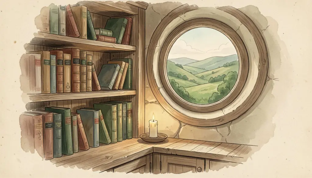A cottage alcove with closed books, a candle and a valley view.