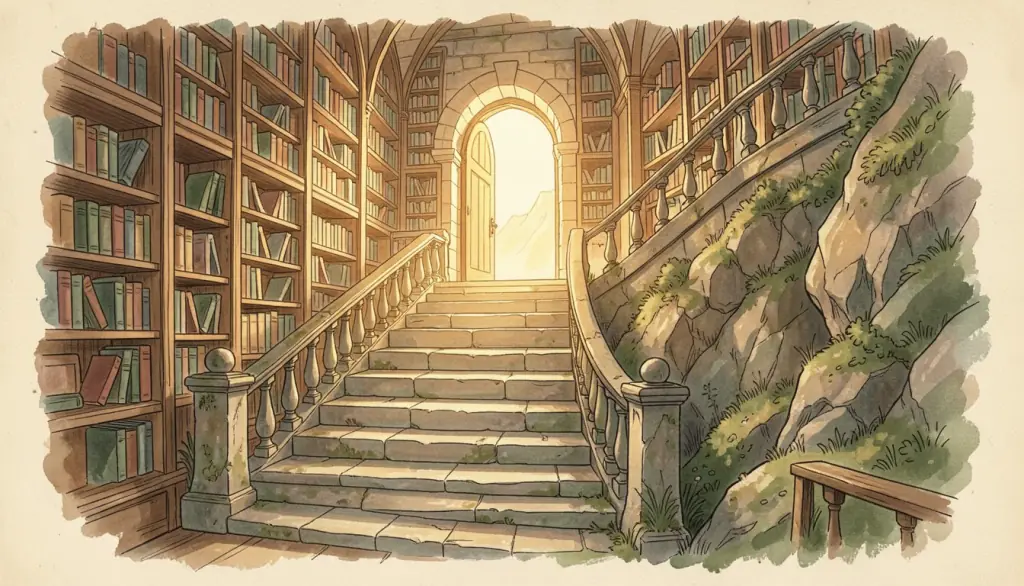 A stone staircase climbs toward a glowing arched doorway.