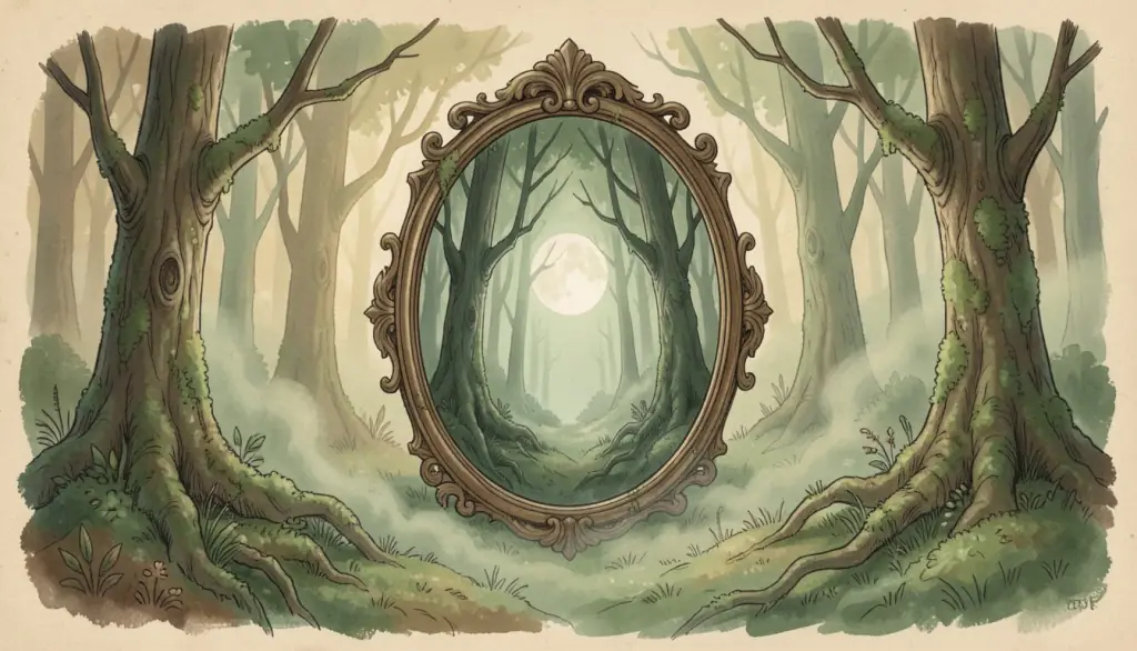 A mirror in a mossy forest reflecting distorted trees and a moon.