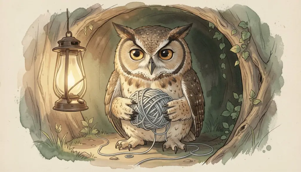 An owl holding a tangled ball of silver thread in a hollow.