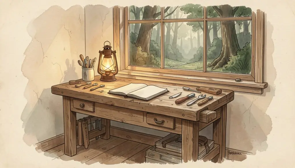 A workbench with hand tools, blank notebook and lantern by a window.