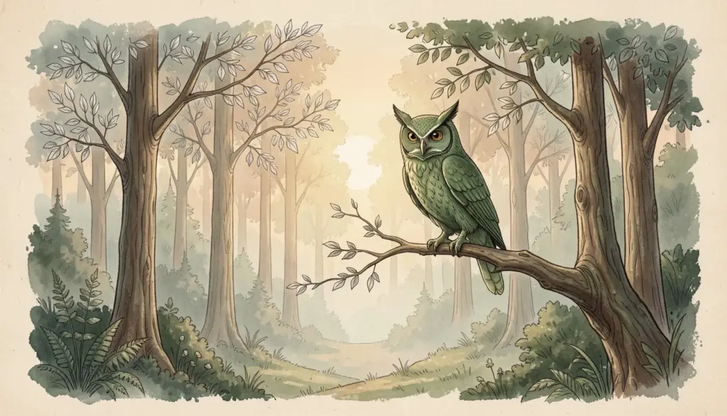 A wooden bird on a branch before a misty forest at dawn.