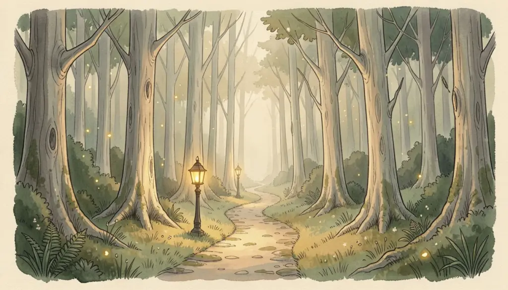 A lantern-lit path winds into a quiet forest of pale trees.