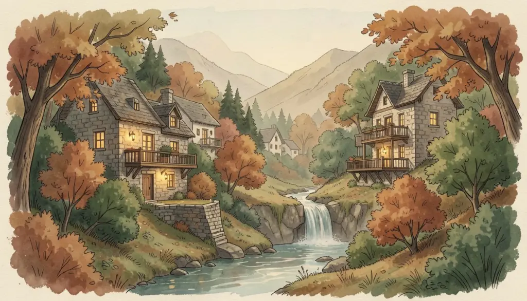 A stone valley home with balconies, autumn trees and a waterfall.