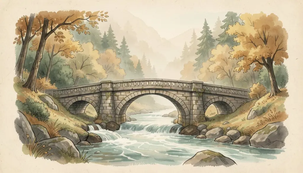 A stone bridge over a river into a hidden golden valley.