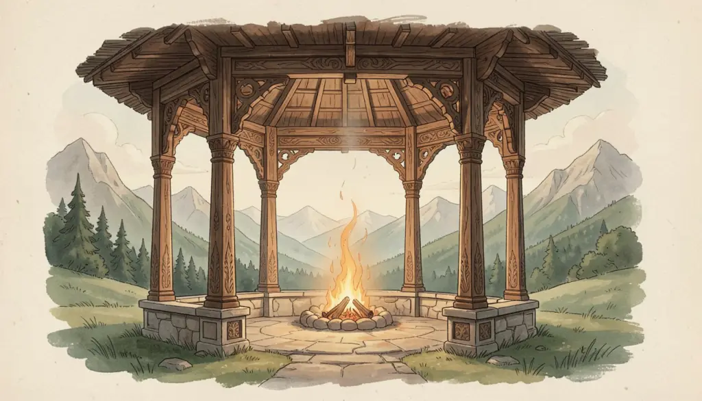 An open pavilion with carved columns, a hearth fire and mountain view.