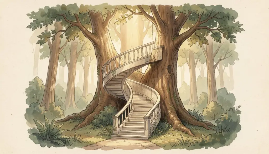 A pale stone spiral stair winds up a tree into a sunlit canopy.