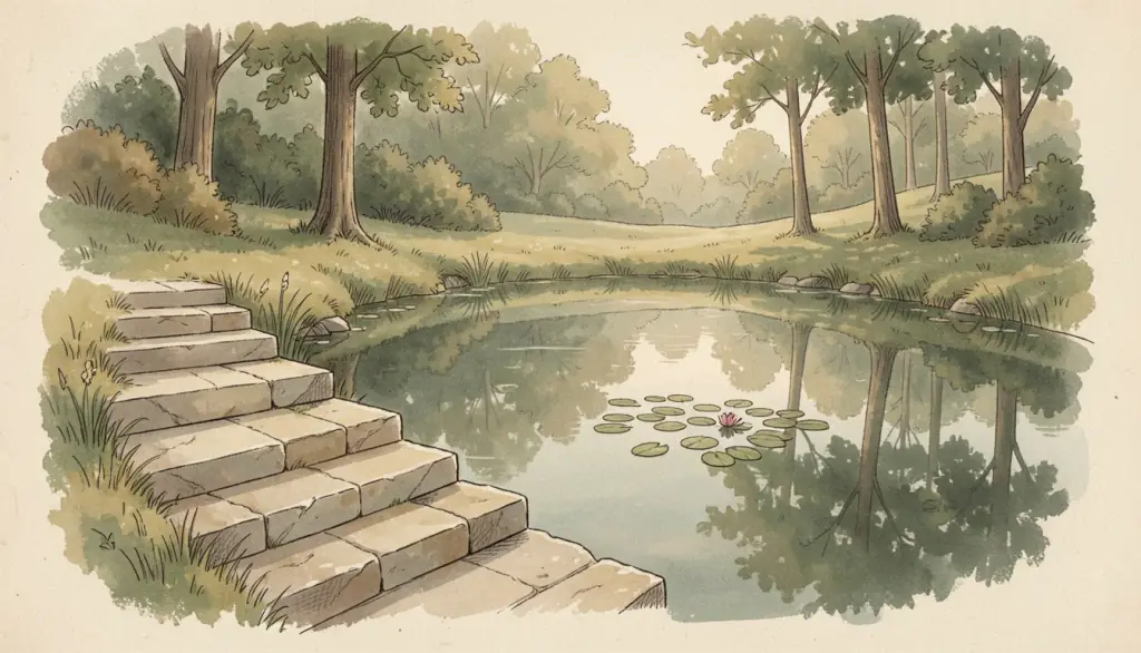 Stone steps to a pond with a lily pad and tree reflections.