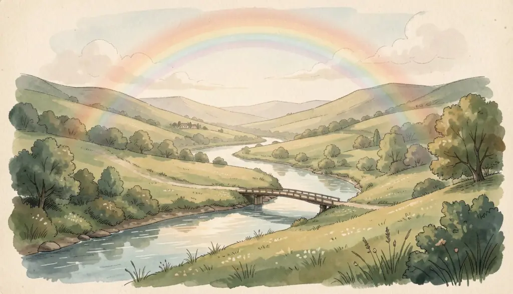 A river arcs through a green valley under a rainbow.