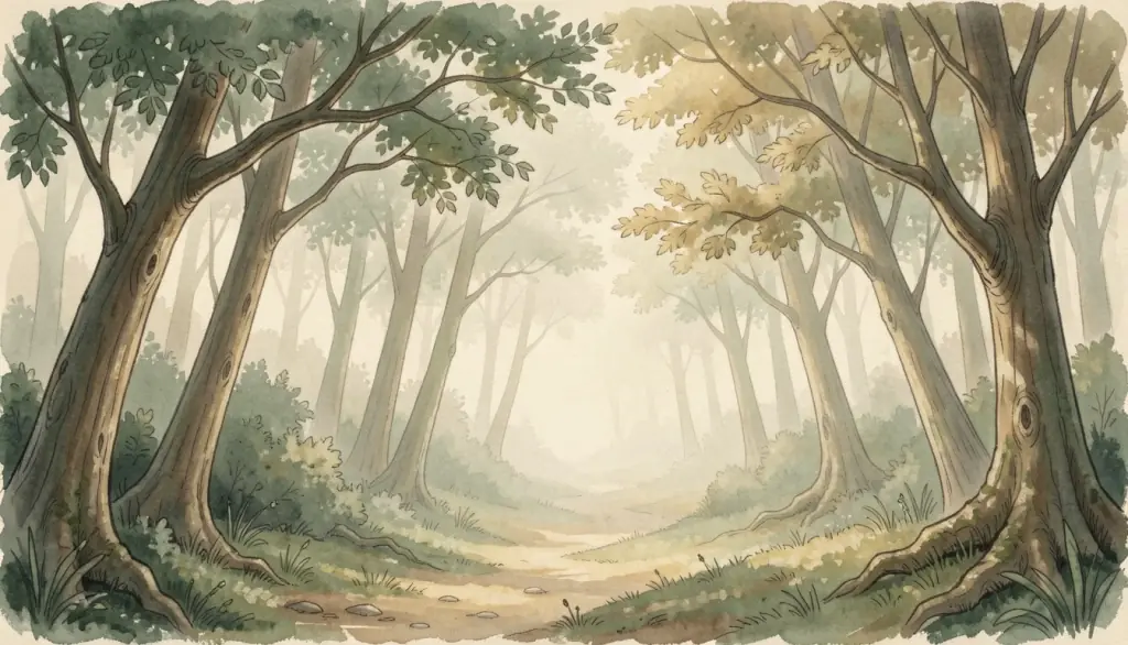 A mist-wrapped forest with trees bending in a soft wind.