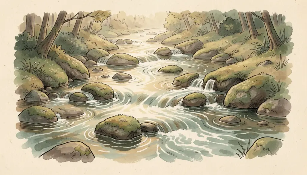A stream bends around mossy stones with changing ripples.