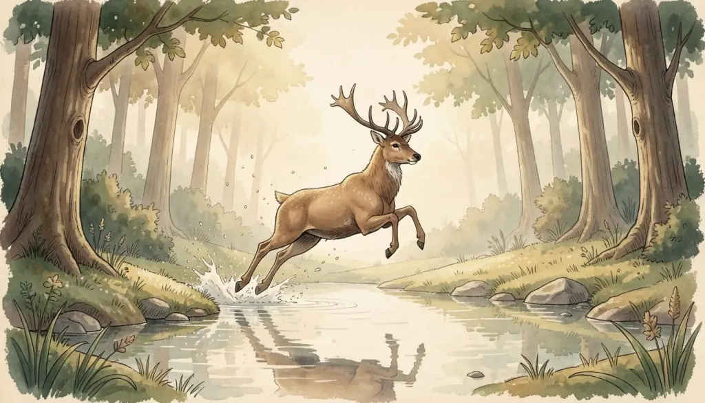 A stag leaps over a stream in a forest glade.