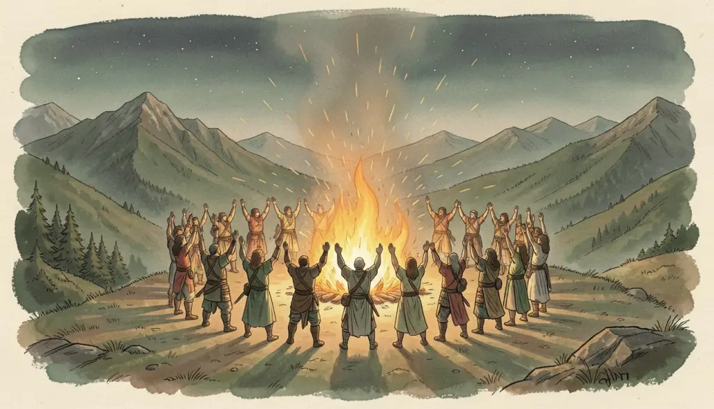 Figures around a hilltop fire at night raising hands, with sparks flying.