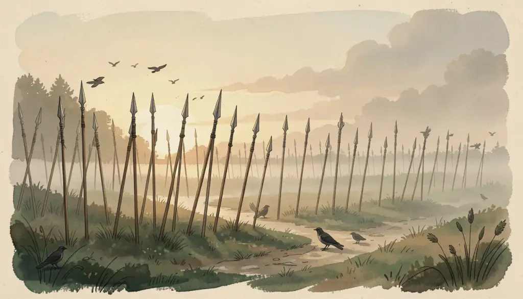 Spears planted in a misty battlefield at dawn.