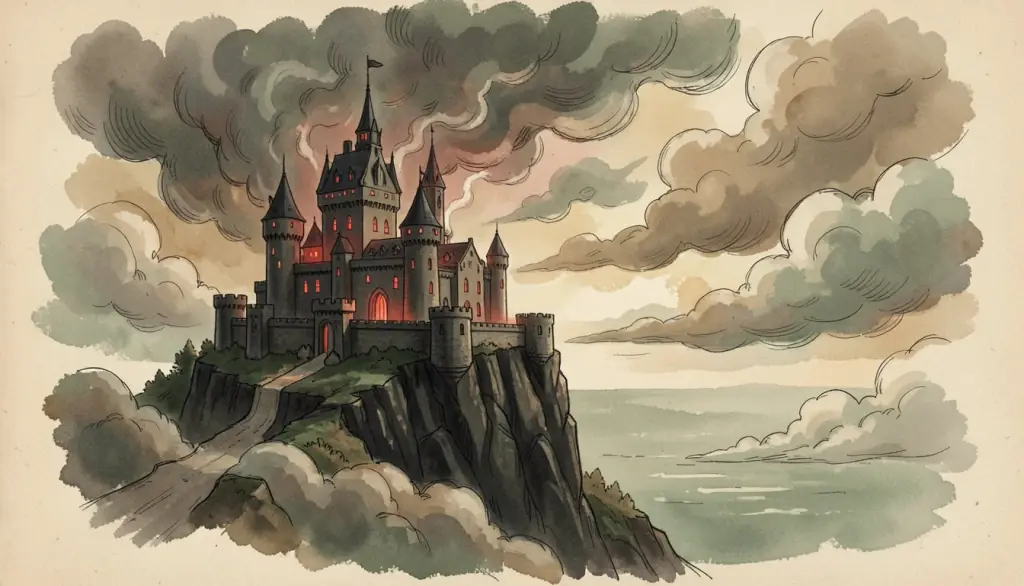 A dark fortress on a black cliff under storm clouds.