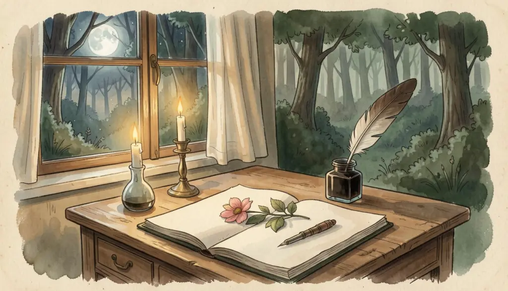 A desk with quill, ink and pressed flower beside a moonlit window.