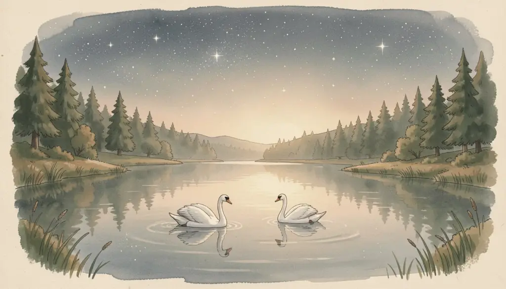 Two swans glide on a starry lake.