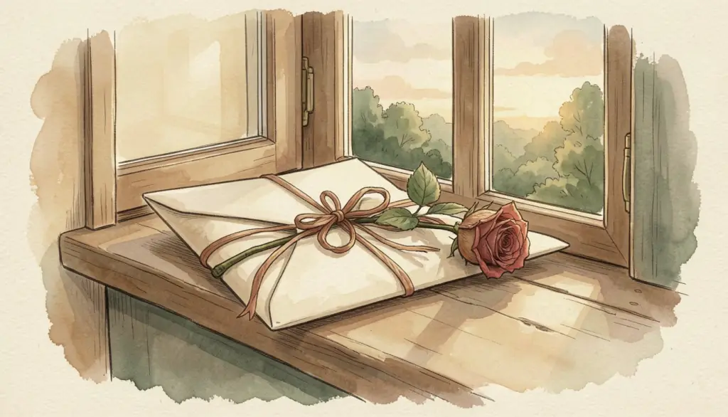 A sealed envelope with ribbon and a dried rose on a windowsill.