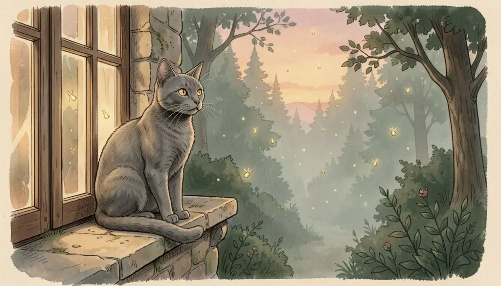 A grey cat sits on a windowsill watching fireflies over a forest.