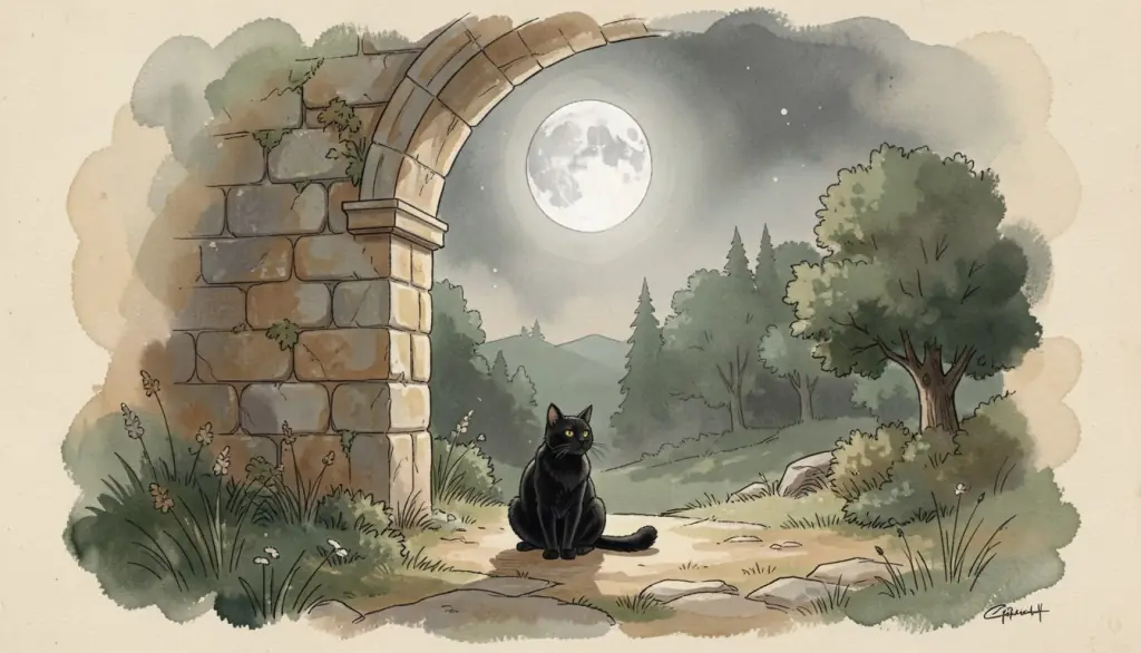 A black cat under a stone arch in moonlight.