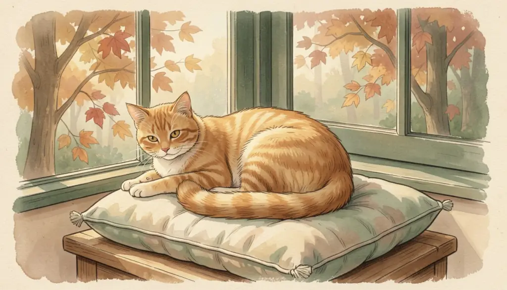 A golden cat curled on a sunlit cushion by a window.