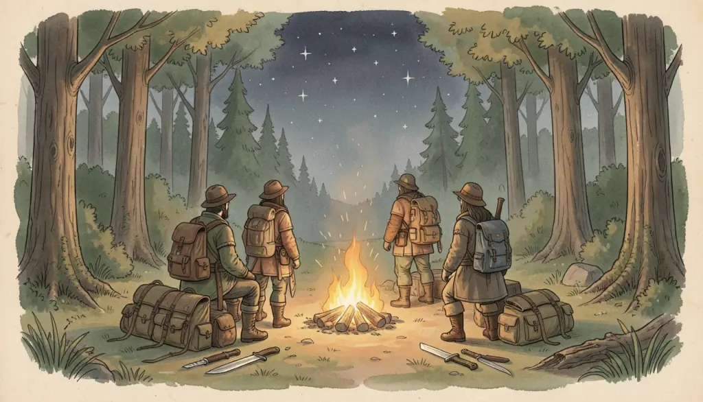 Adventurers around a campfire in a forest at night.