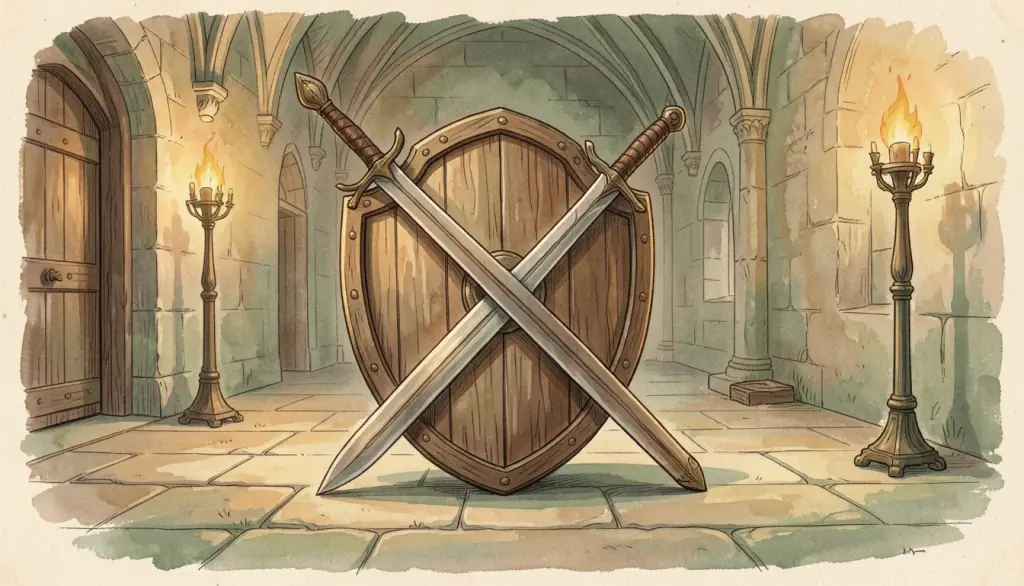 Crossed blades over a shield on a stone floor in torchlight.