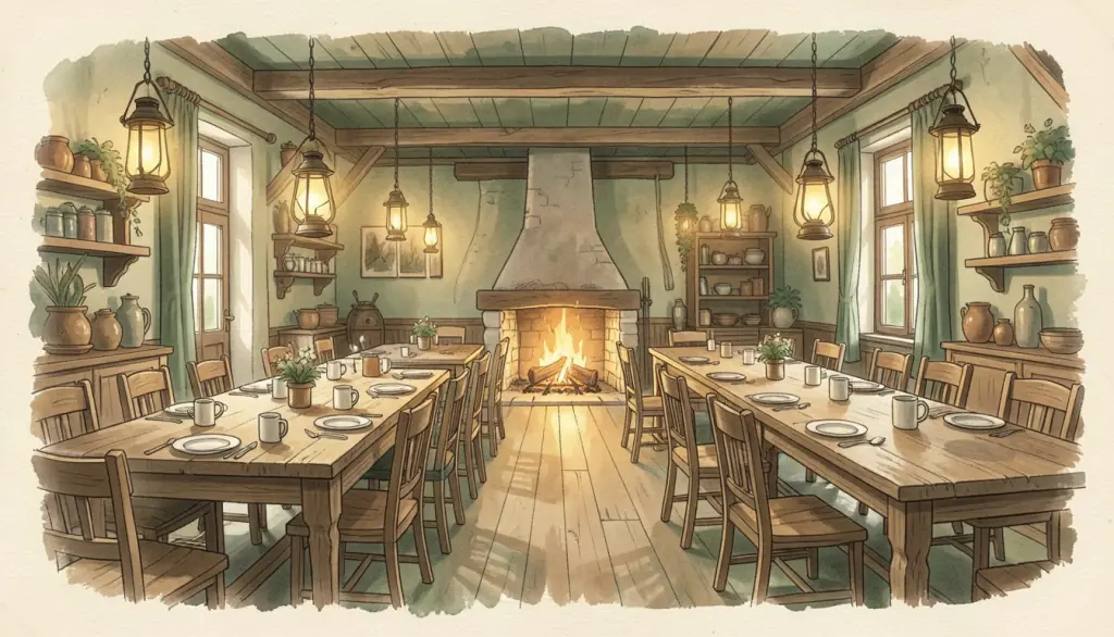 A tavern interior with long tables, lanterns and a fire.