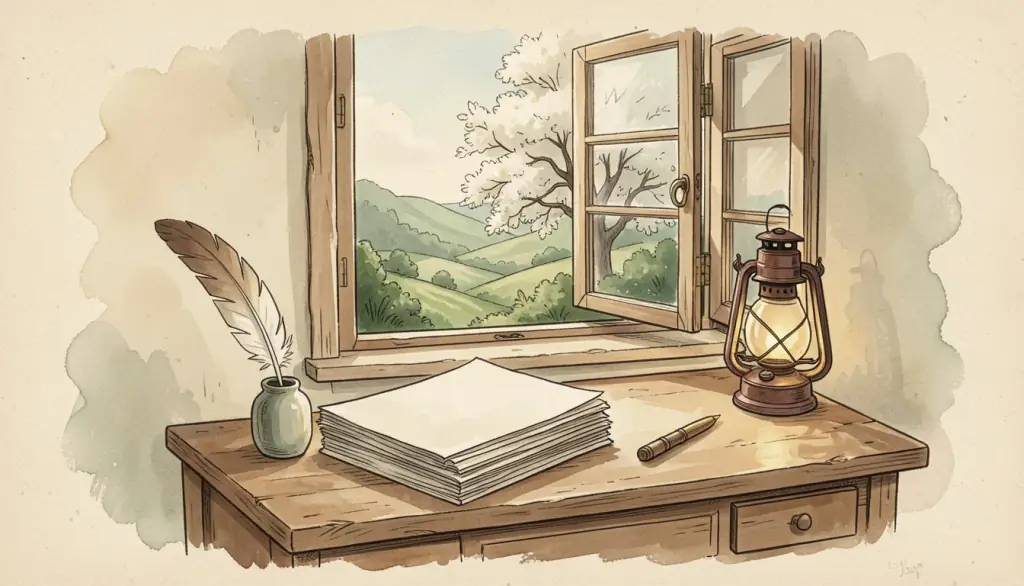 A desk with a quill, blank pages and a lantern by a valley window.