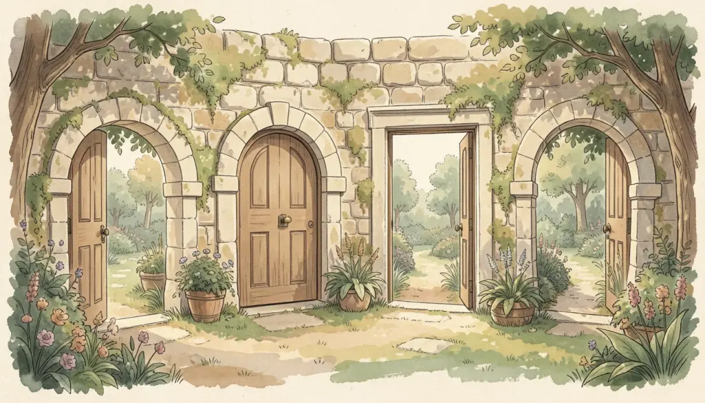 Four differently shaped doorways in a mossy wall.