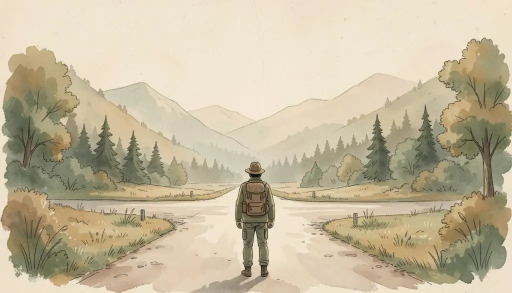 A traveler at a crossroads in misty hills.