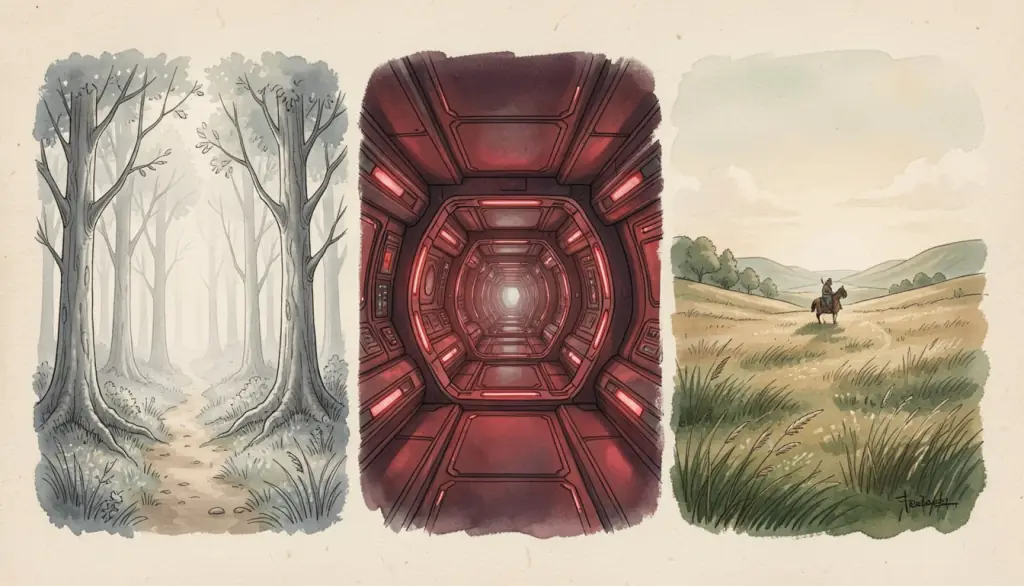 A triptych of forest, starship corridor and grassland scenes