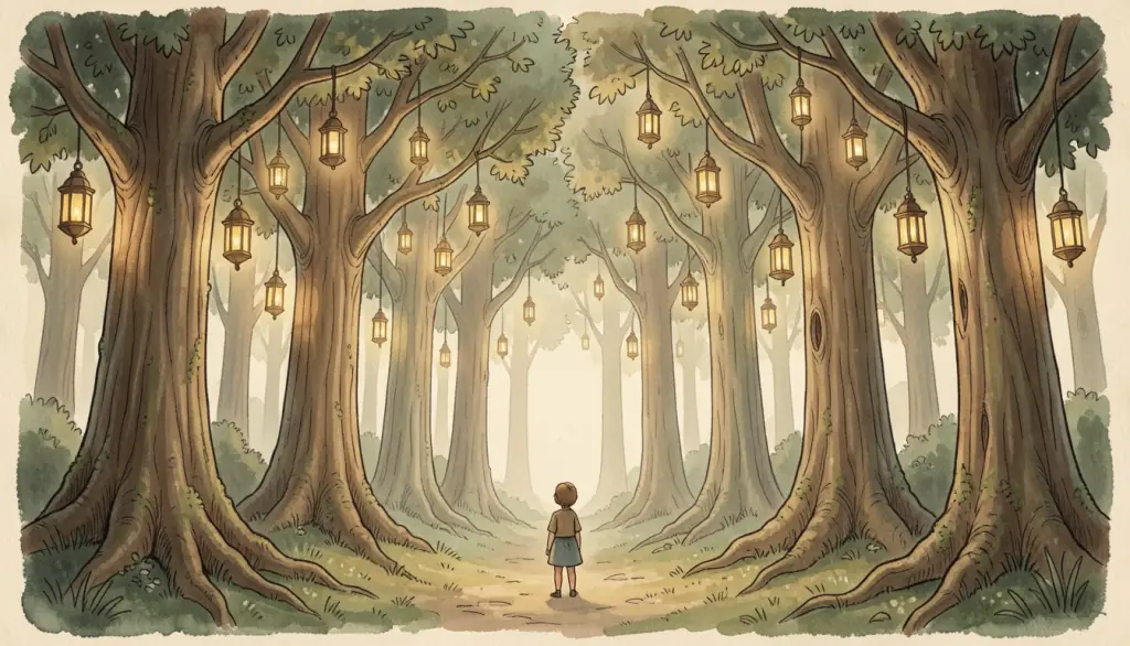 A tiny figure beneath towering lantern-lit trees