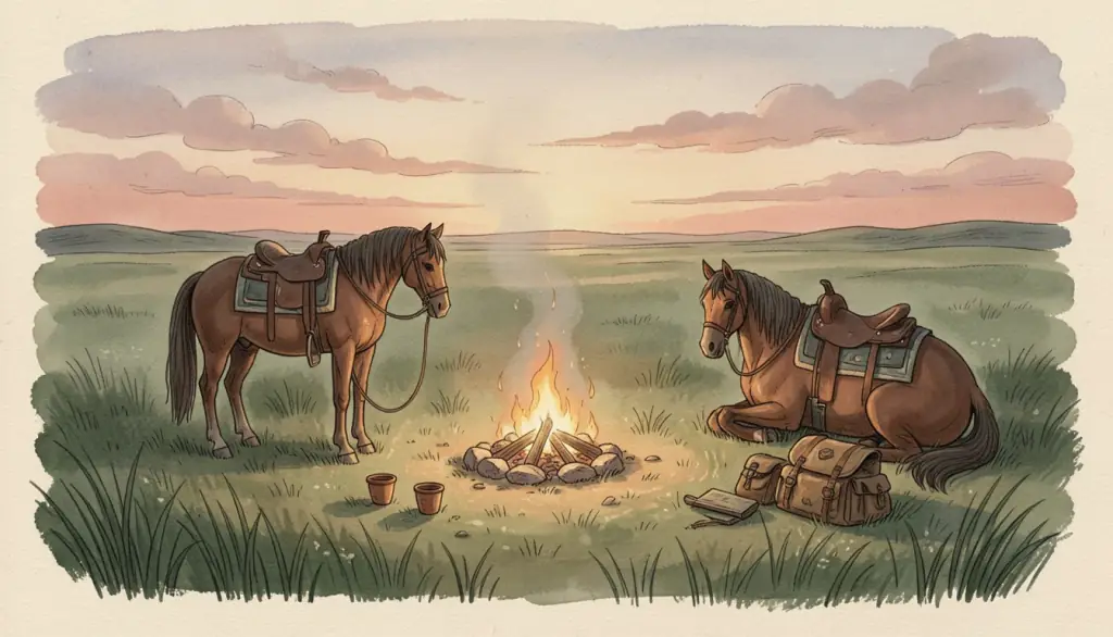 A campfire and resting horse on open grassland at dusk