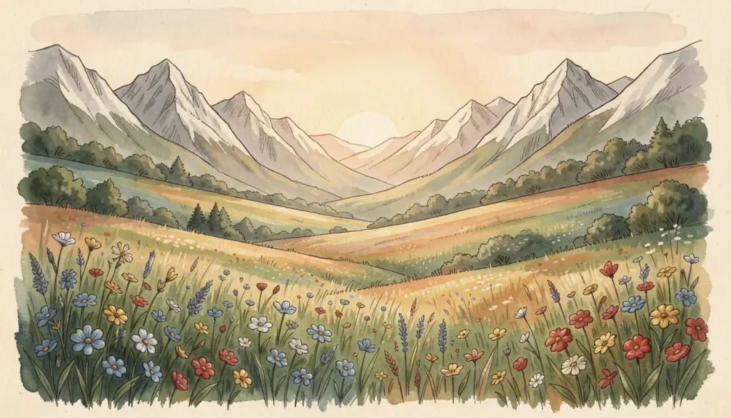 A valley of multicoloured wildflowers beneath mountains