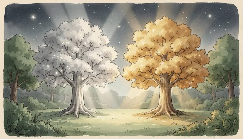 A silver tree and a golden tree glowing in a garden