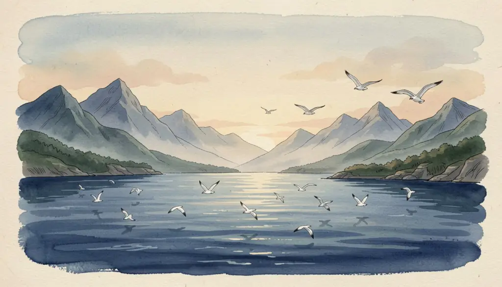 Blue mountains above a deep blue sea at dusk