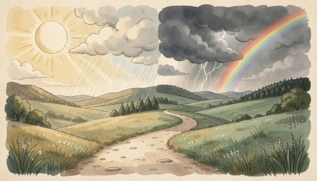 A landscape split by sunshine, rain, storm and rainbow