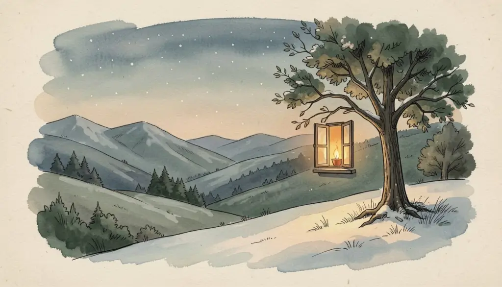 A lantern glowing in a window on a snowy night