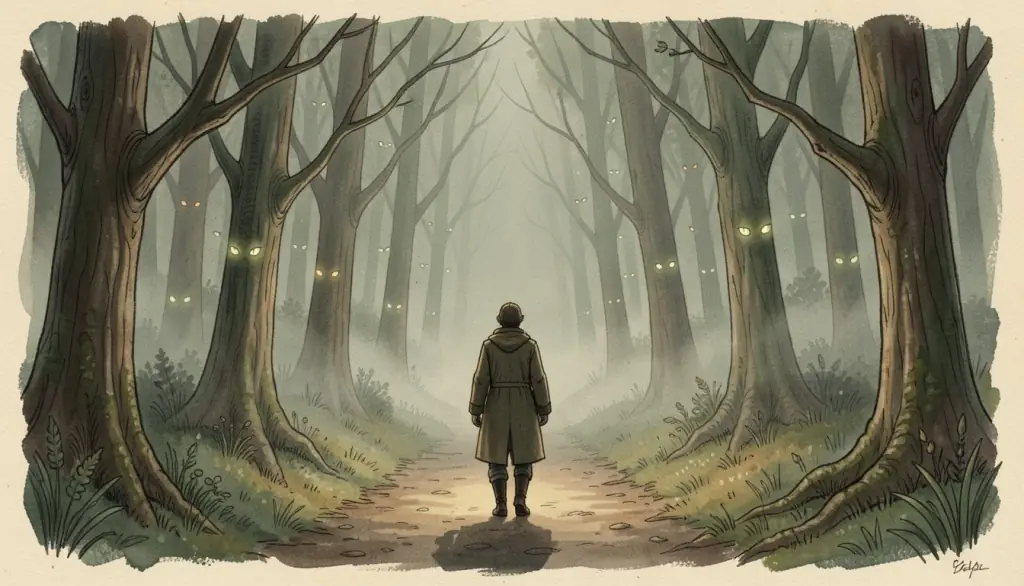 A lone figure on a dark misty forest path at night