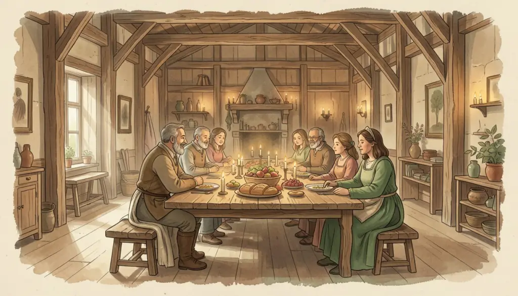 A family gathered at a long table in a candlelit hall