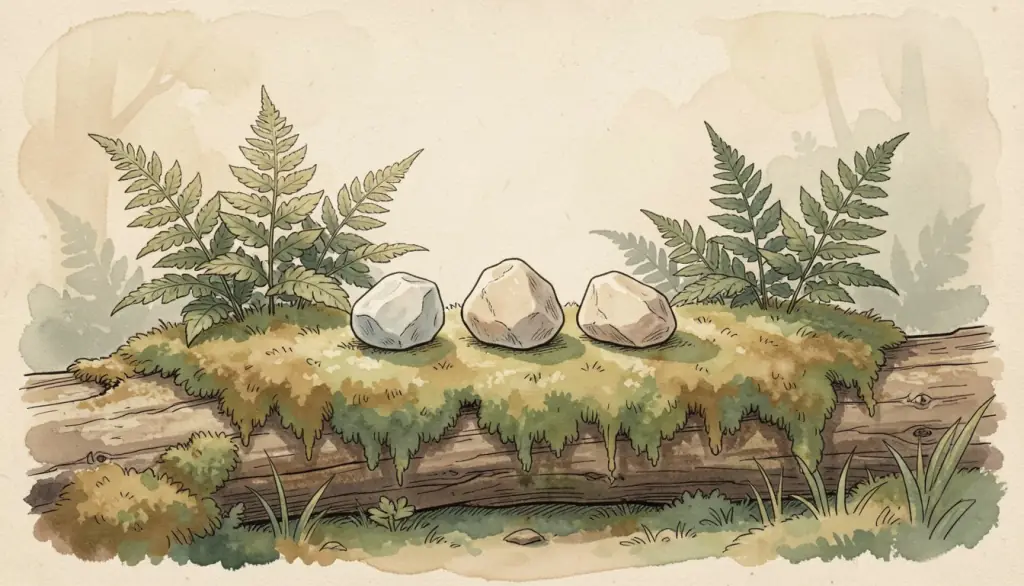 Three small stones on a mossy log