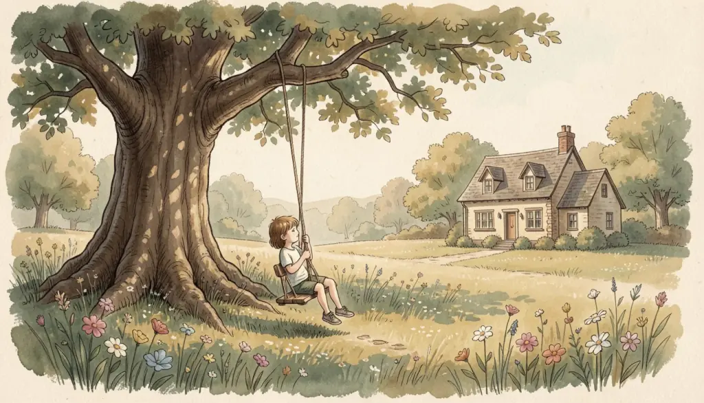 A child on a tree swing in a flower meadow