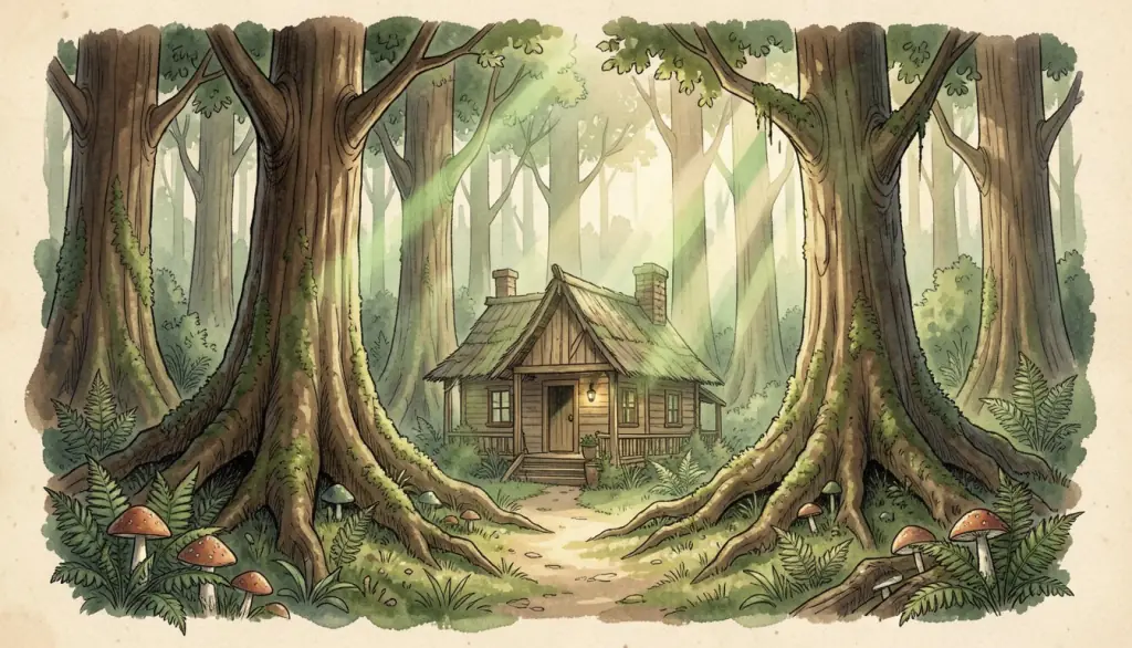 An ancient forest with a hidden cabin among the roots