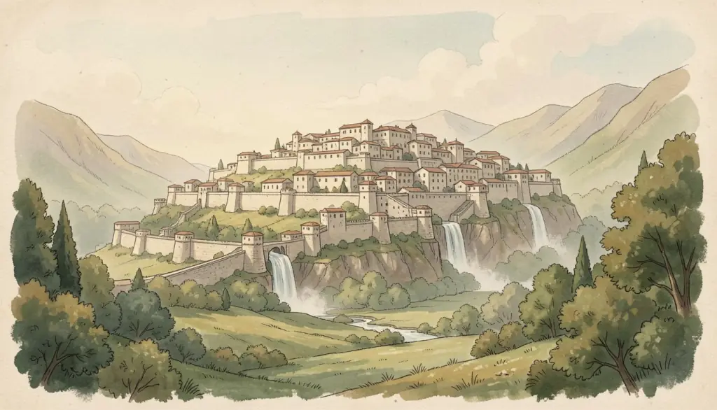 A pale stone city on a mountain with waterfalls